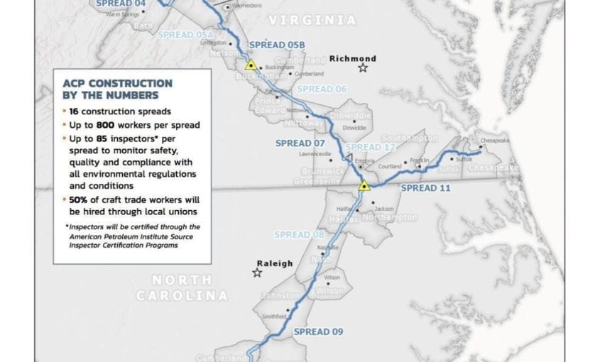 This map shows the proposed route of the Atlantic Coast Pipeline.