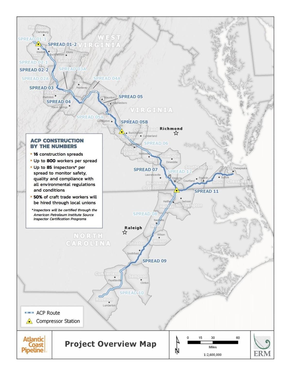 This map shows the proposed route of the Atlantic Coast Pipeline.