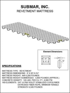 A spec sheet describing the Submar articulating concrete revetment mattress 
